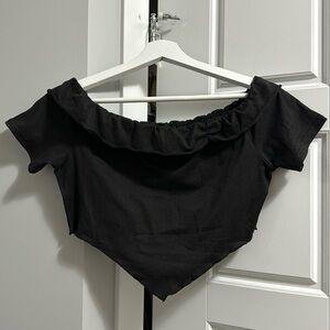 off-shoulder black top asymmetrical